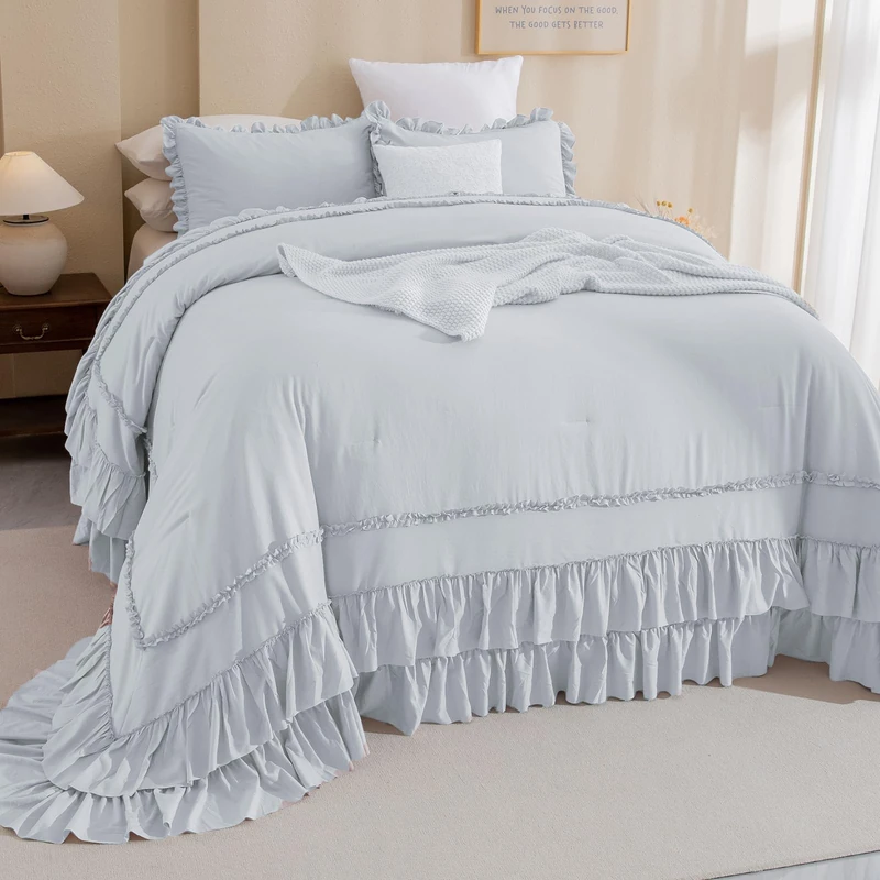 Masaca Oversized King Comforter 128x120,3 Pieces Vintage Farmhouse Ruffled Bedding Comforter Set Lightweight Ultra Soft French Country Bedding (1 Light Blue Ruffle Comforter +2 Pillowcases)