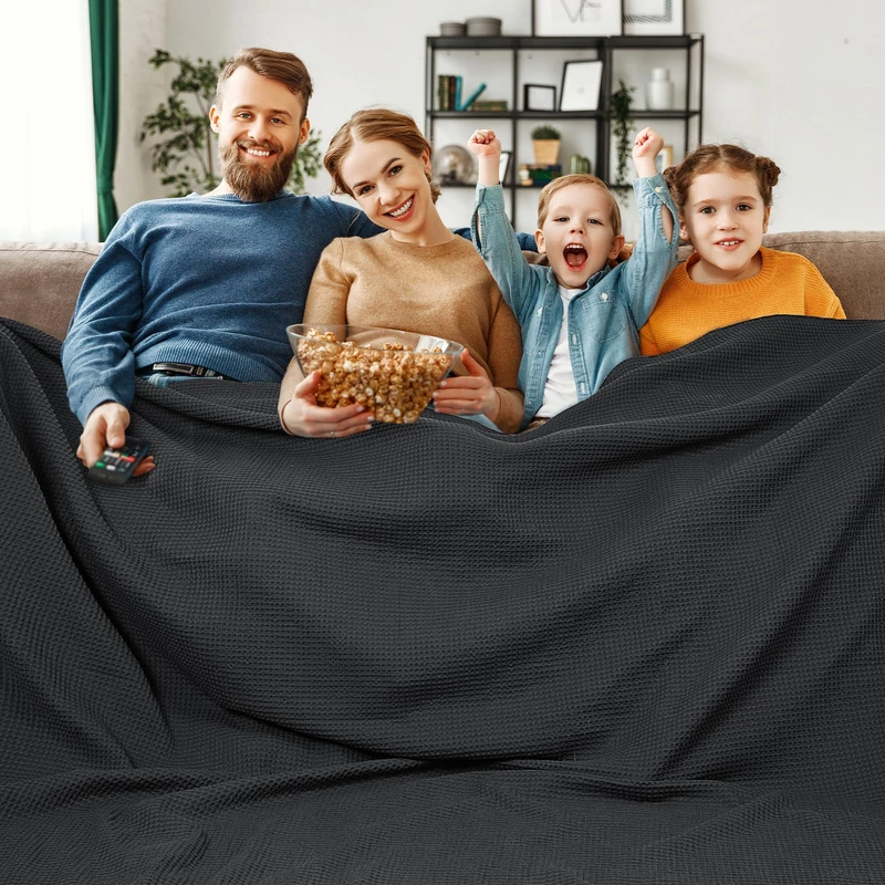 PHF 100% Cotton Waffle Weave Blanket California King Size 120"x 120" - Washed Soft Lightweight Breathable - 10'x10' Oversize Huge Extra Large for Couch Bed Sofa,Aesthetic Room Decor Gift - Black