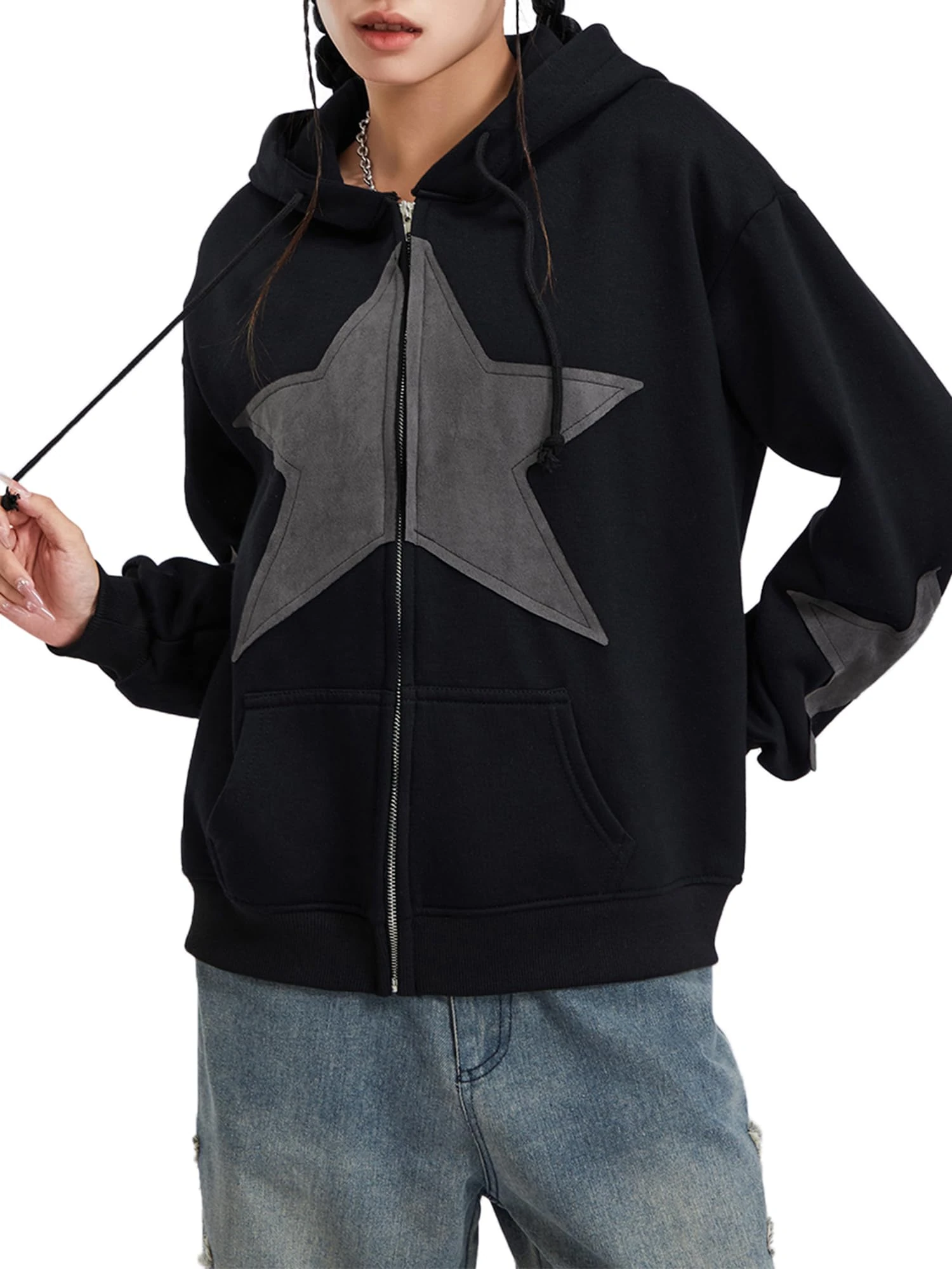 Fiacafyo Women Y2K Zip Up Hoodie Vintage Oversized Graphic Long Sleeve Aesthetic Sweatshirt E-Girl Hip Hop Streetwear Jackets (A-Black, L)