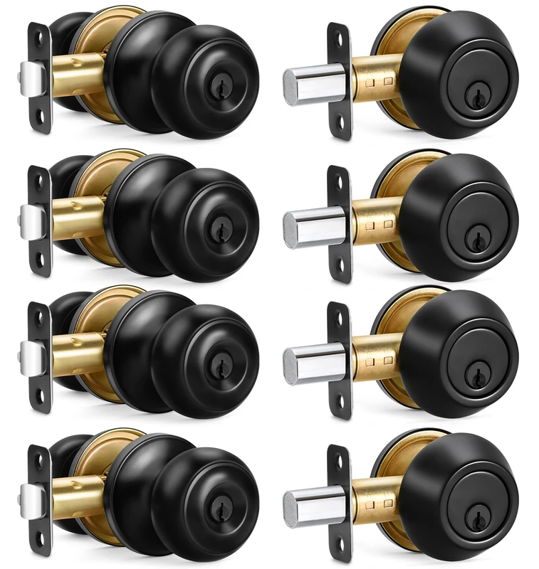 Black (4 Sets) All Keyed Same Entry Door Knob and Single Cylinder Deadbolt Combo Set
