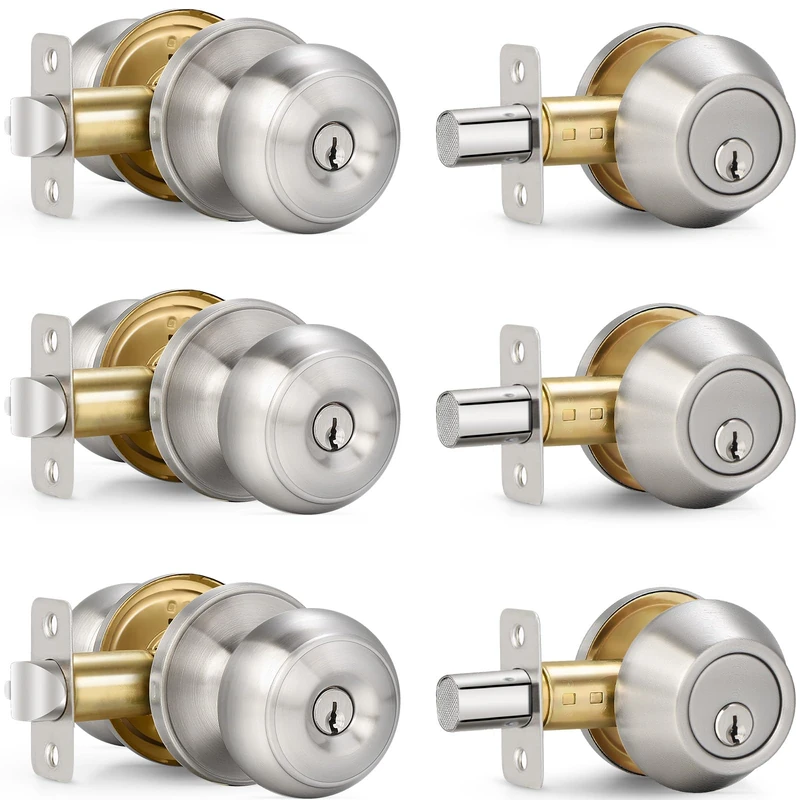 Silver (3 Sets) All Keyed Same Entry Door Knob and Single Cylinder Deadbolt Combo Set