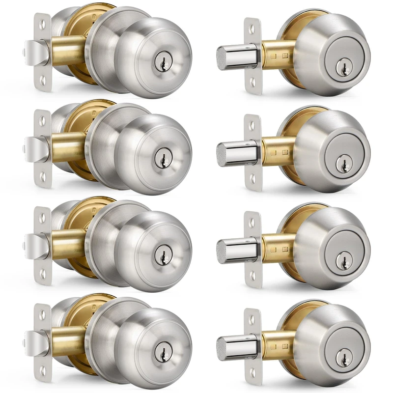 Silver (4 Sets) All Keyed Same Entry Door Knob and Single Cylinder Deadbolt Combo Set