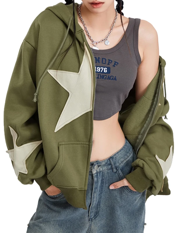 Fiacafyo Women Y2K Zip Up Hoodie Vintage Oversized Graphic Long Sleeve Aesthetic Sweatshirt E-Girl Hip Hop Streetwear Jackets (A-Grey Green, L)