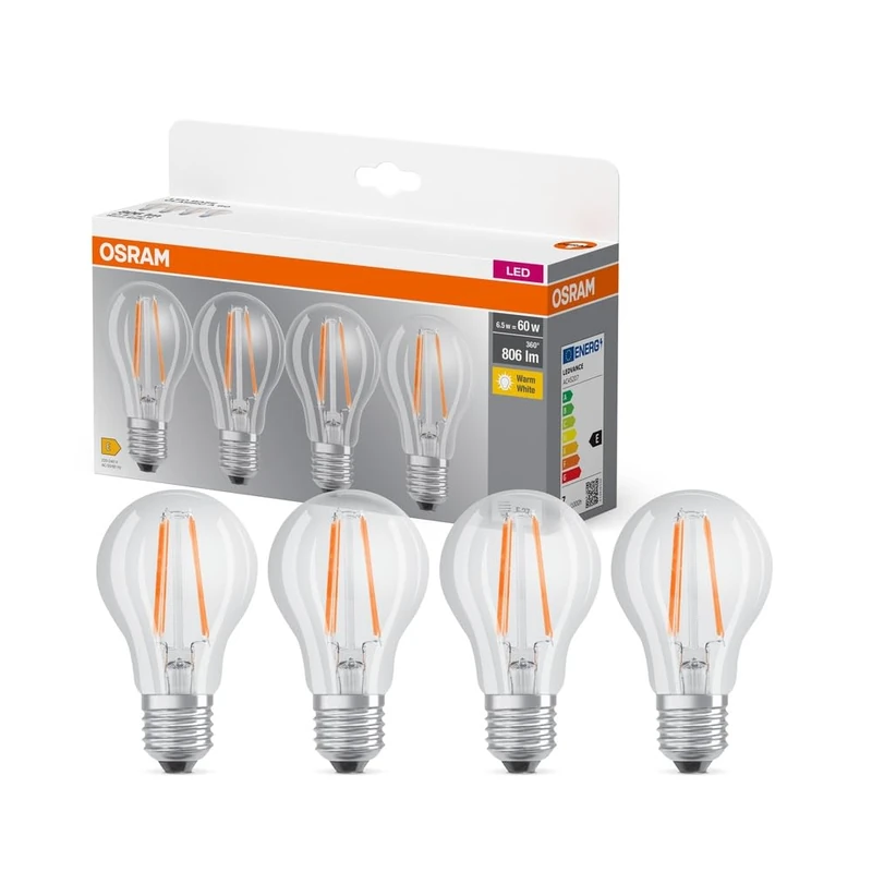 Osram LED Base A60, Advantage Pack of 40 Lamps, Replaces Classic 60W Bulbs, 6.5W, Warm White (2700K), Filament Glass, Non-dimmable, pear Shape, E27