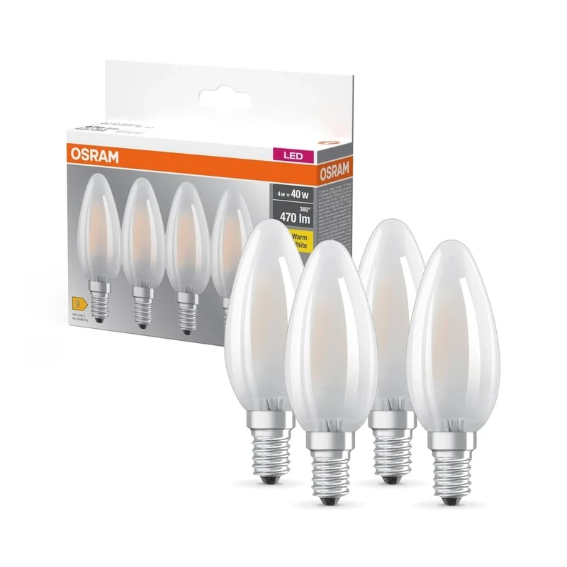OSRAM LED Base B40, Pack of 40 Bulbs, Replaces Traditional 40W Incandescent Bulbs, 4W, Warm White (2700K), Frosted Glass, Non-dimmable, Candle Shape, E14