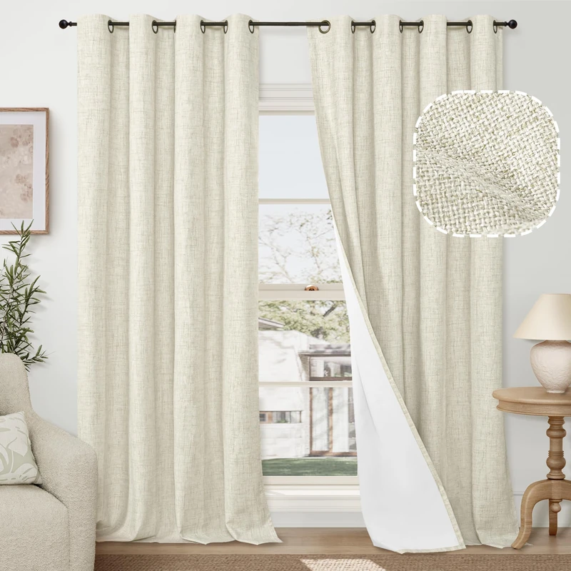 60 Inch Wide Linen Blackout Curtains for Living Room/Bedroom 84 Inch Length 2 Panels, Total Black Out Thermal Insulated Soundproof Grommet Boho Window Drapes White Liner for Modern Farmhouse, Natural