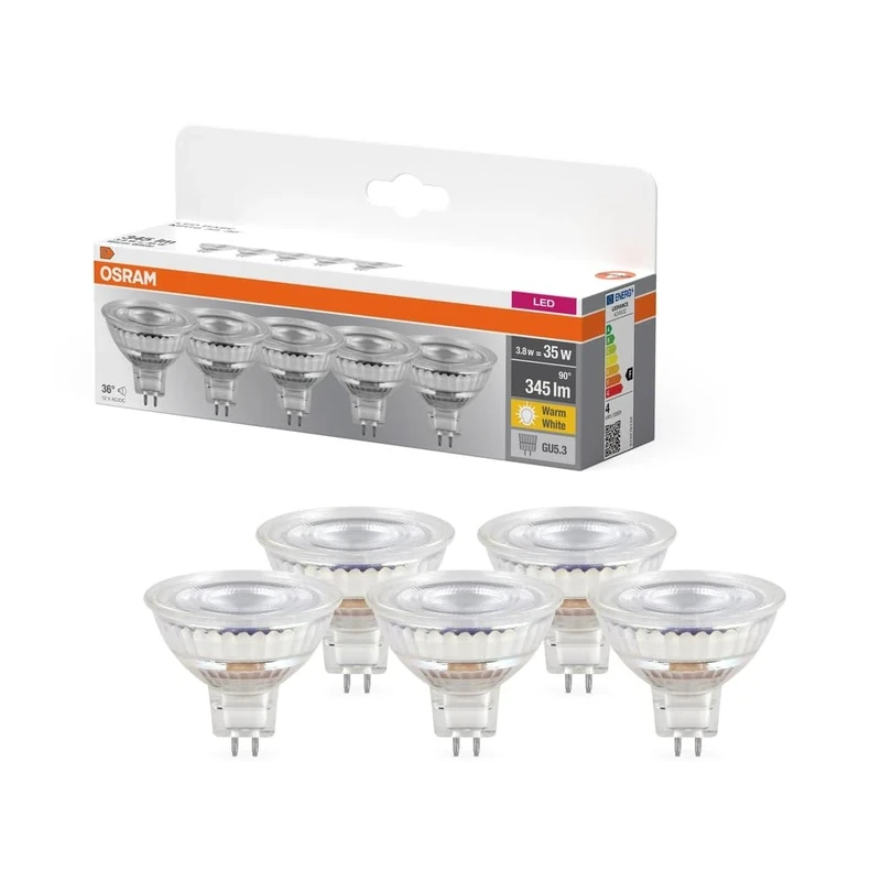 OSRAM LED Base MR16, Pack of 50 Low Voltage Bulbs, Replaces Traditional 35W Reflector Incandescent Bulbs, Warm White (2700K), 3.8W, GU5.3 Socket, Frosted Glass, Non-dimmable