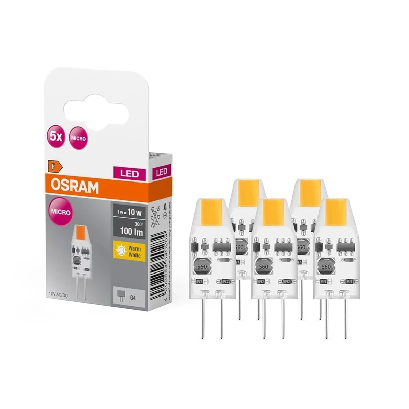 OSRAM LED Base PIN Micro, Pack of 50 Low Voltage Bulbs, Replaces Traditional 10W PIN Specialty Lamps, Warm White (2700K), 1W, G4 Socket, Frosted Glass, Non-dimmable, Ultra-Compact