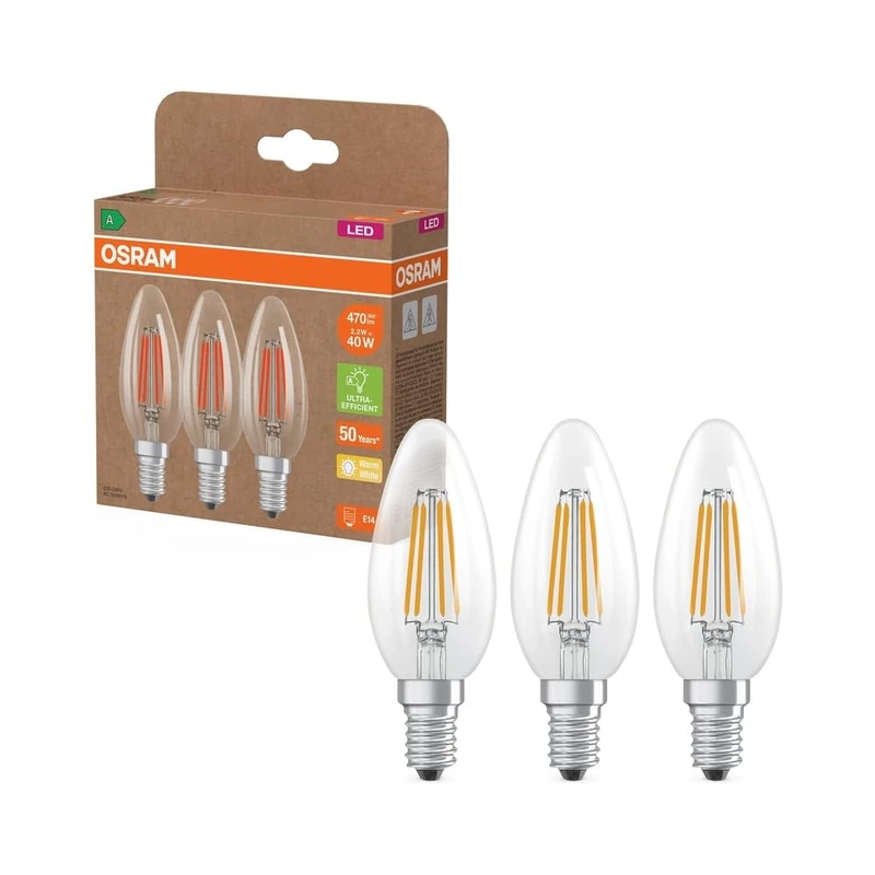 Osram High-Efficiency LED Lamps with Energy Efficiency Class A, Pack of 30 Bulbs, Replaces Traditional 40W Incandescent Bulbs, Candle Shape, Warm White (2700K), E14, Filament Glass