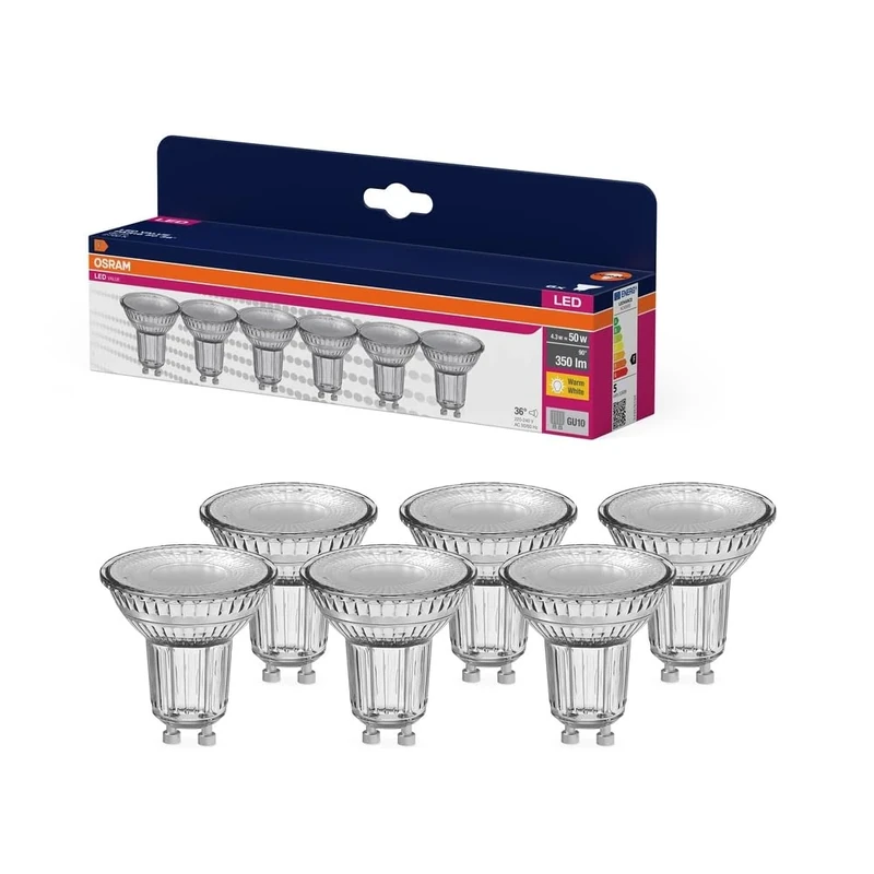 OSRAM LED Star Value PAR16, Pack of 60 Bulbs, Replaces Traditional 50W Reflector Incandescent Bulbs, Warm White (2700K), 4.3W, GU10 Socket, Filament Glass, Non-dimmable