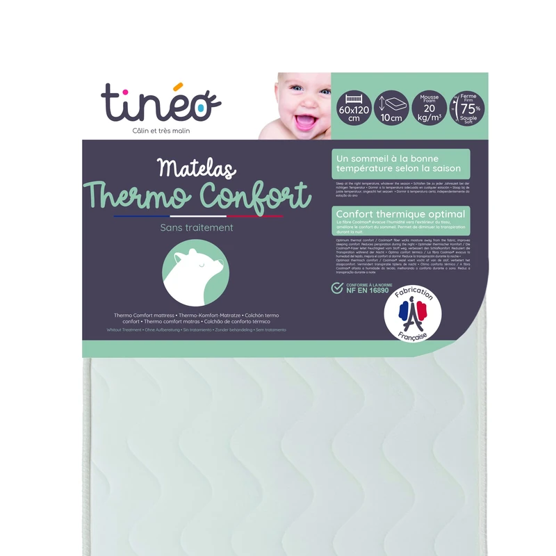 TINÉO Thermo Comfort Mattress 60 x 120 x 10 cm, Polyurethane, White, Single