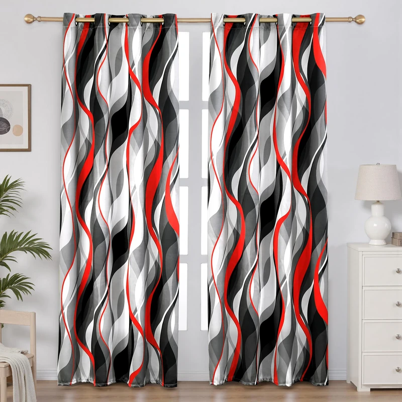 Weesire Red and Grey Curtains Modern Striped Decorative 50% Light Blocking Darkening Grommet Curtain for Living Room Villa, Bedroom, 2 Panels Set, 52x63 Inches