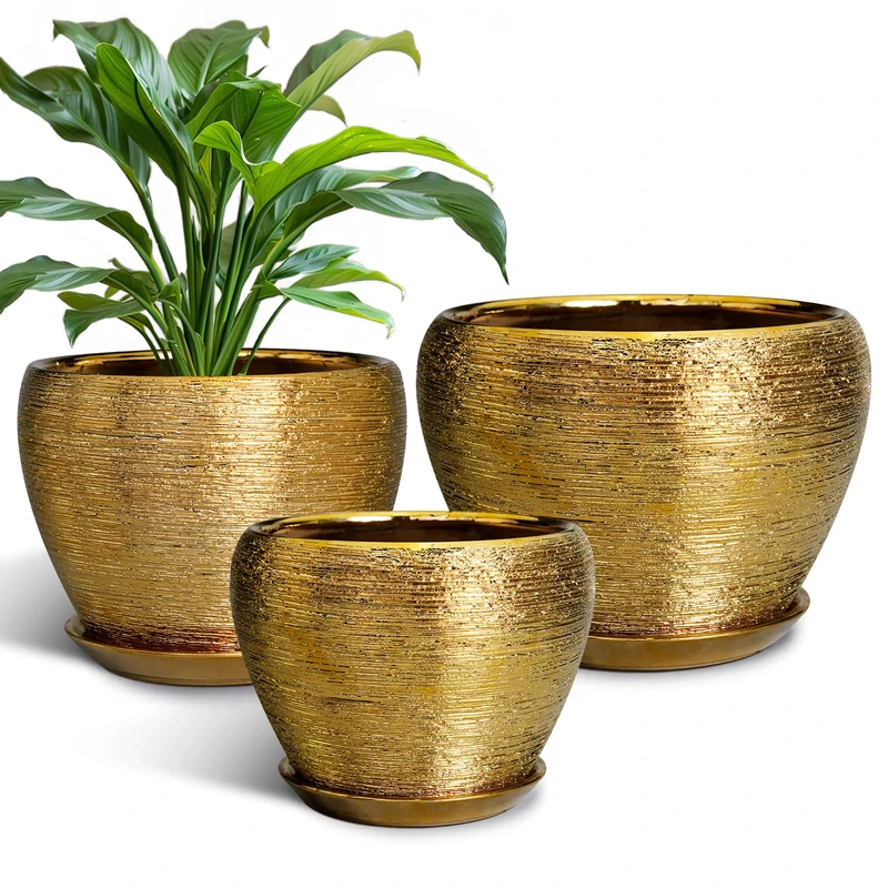 EPFamily 3 Pack Large Ceramic Flower Pots for Indoor and Outdoor Plants - 10" 8" 6" - Gold