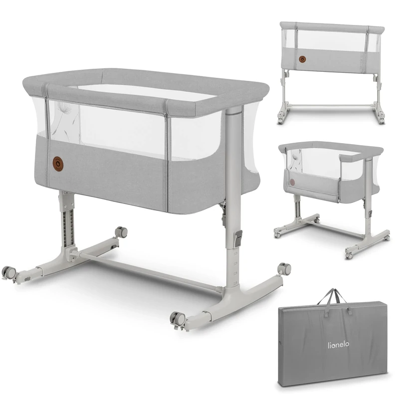 lionelo Aurora 3in1 Baby Bedside Cot Co-Sleeper for Babies From Birth to 9kg, Adjustable Height & Incline, Mattress, 4 Lockable Wheels, Breathable, Portable, Washable, Bag, Straps