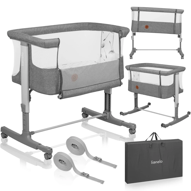 lionelo Aurora 3in1 Baby Bedside Cot Co-Sleeper for Babies From Birth to 9kg, Adjustable Height & Incline, Mattress, 4 Lockable Wheels, Breathable, Portable, Washable, Bag, Straps