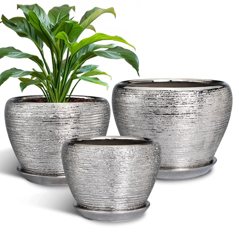 EPFamily Ceramic Planters - 10 Inch 8 Inch 6 Inch Plant Pots Indoor with Drainage Holes and Saucer Mid-Century Large Planters Outdoor Flower Pots for Home Decor Set of 3 Silver