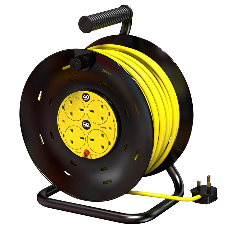 Extension Lead 40m Heavy Duty Cable Reel, 4 Socket Cord Reel UK Plug Socket with Thermal Cut-Out Protection 13A Fused Plug