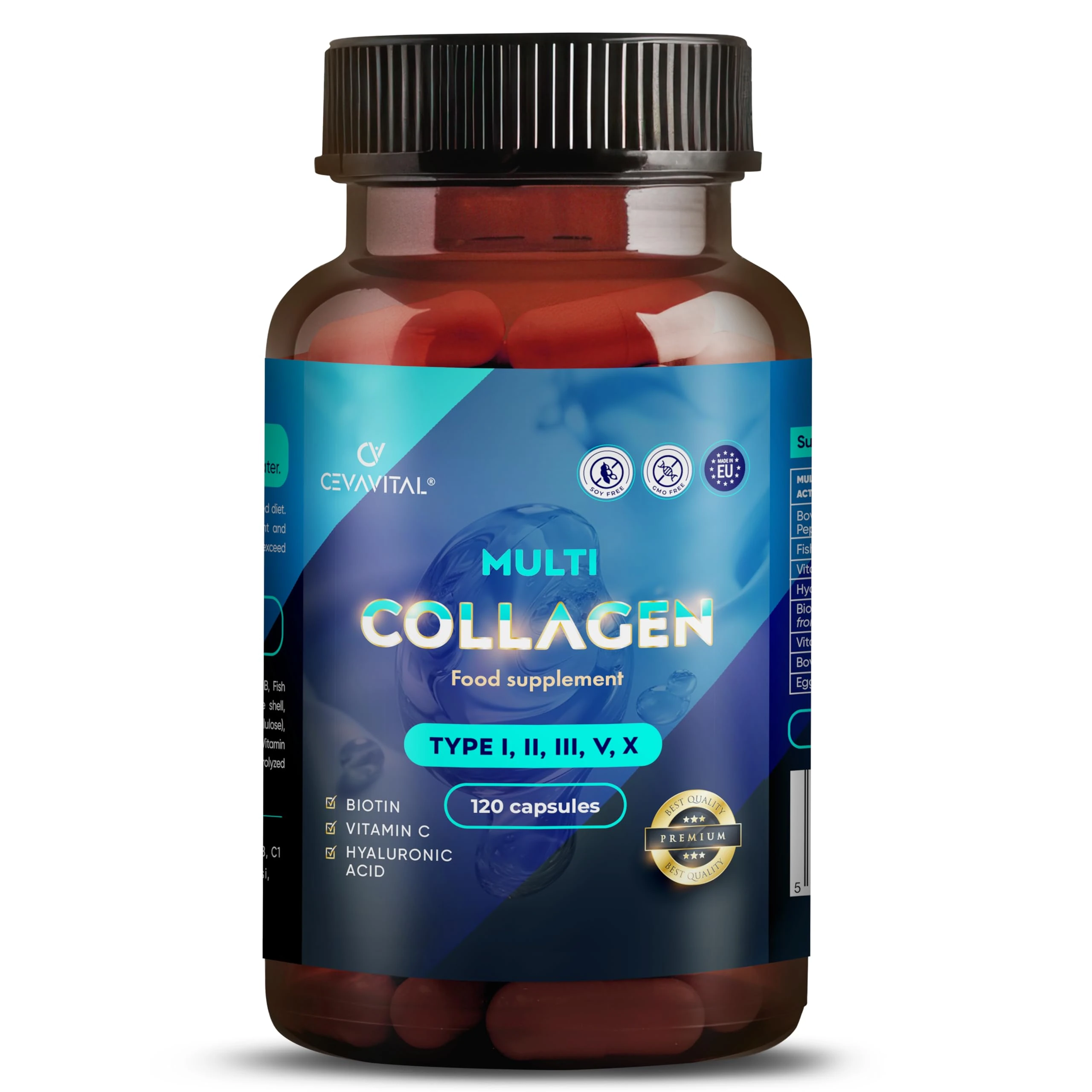 CEVAVITAL Multi Collagen Capsules for Women Men, Type I, II, III, V & X Hydrolyzed Collagen Peptides with Vitamin C and Hyaluronic Acid, Bovine and Marine Collagen Supplement, 120 Capsules