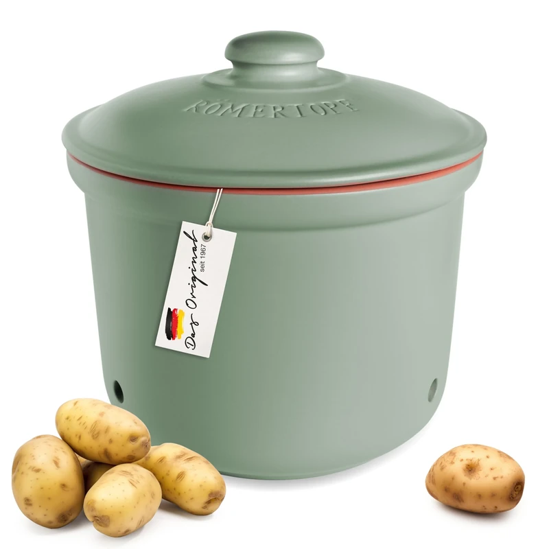 Römertopf Maxi Plus Fresh Pot 5.5 Litres - Ceramic Potato Pot - Breathable Clay Keeps Vegetables Fresh Longer - Ideal Air Circulation - Green