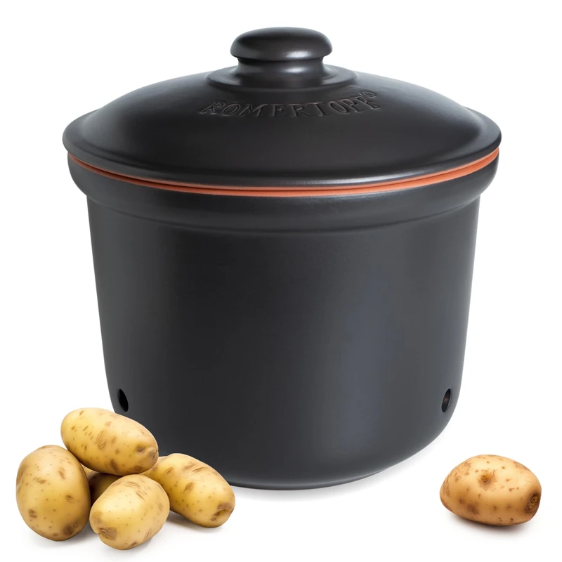 Römertopf Maxi Plus Fresh Pot 5.5 Litres - Ceramic Potato Pot - Breathable Clay Keeps Vegetables Fresh Longer - Ideal Air Circulation - Black