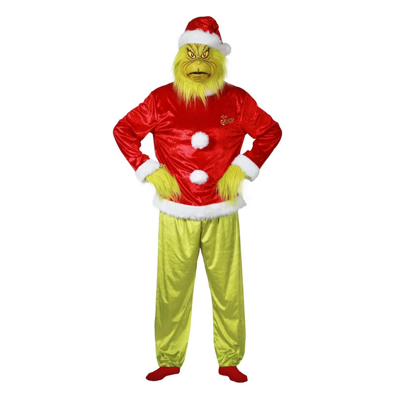 Chaks - The Grinch™ Costume, 5 Piece Adult Carnival Set Christmas Outfit with Mask, Hat, Top, Trousers, Gloves