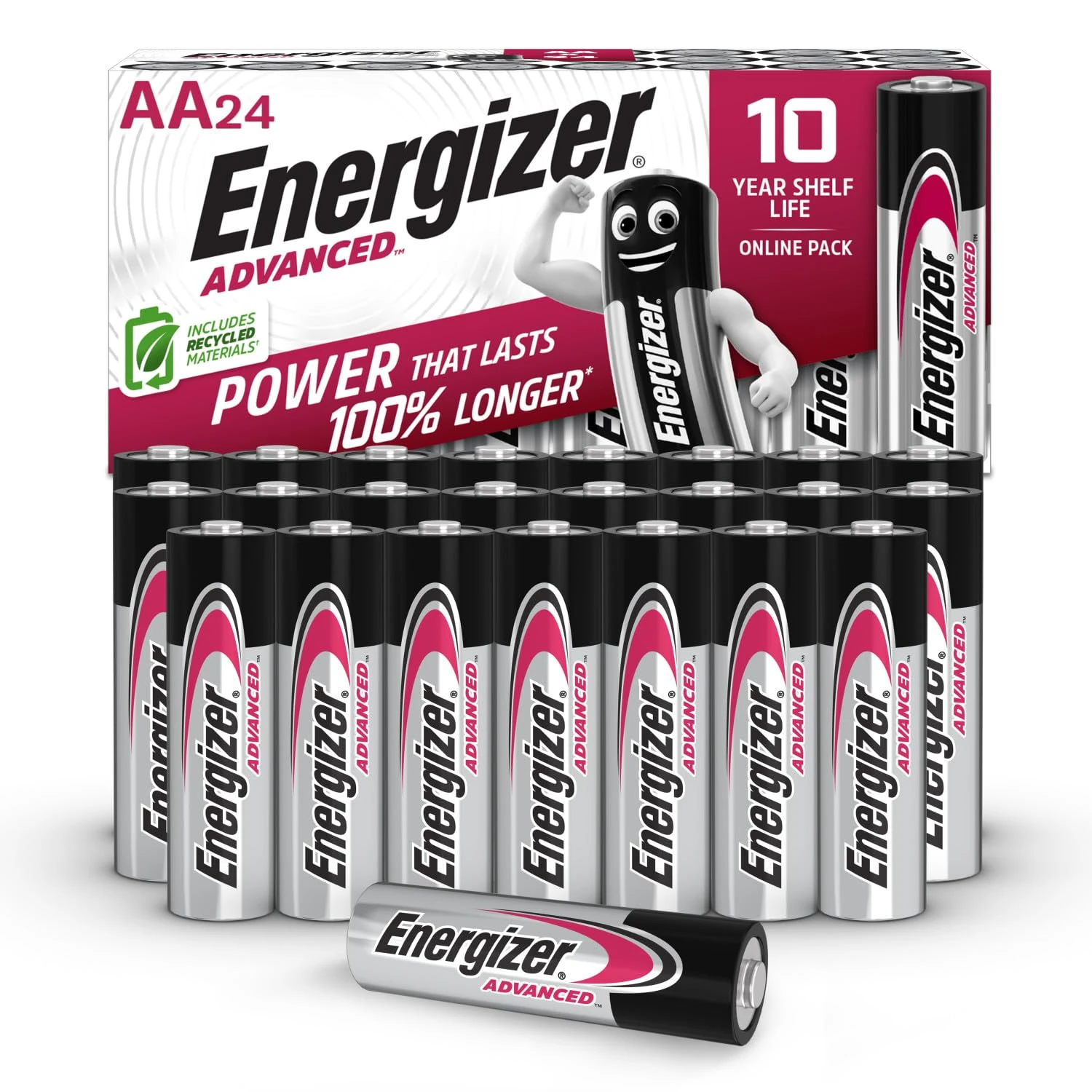 Energizer Advanced - AA Batteries (24 Pack) - Double A Battery 1.5V - Up To 100% Longer Lasting - Ideal for High-Drain Devices - 0% Plastic Packaging - 10 Year Shelf Life [Amazon Exclusive]