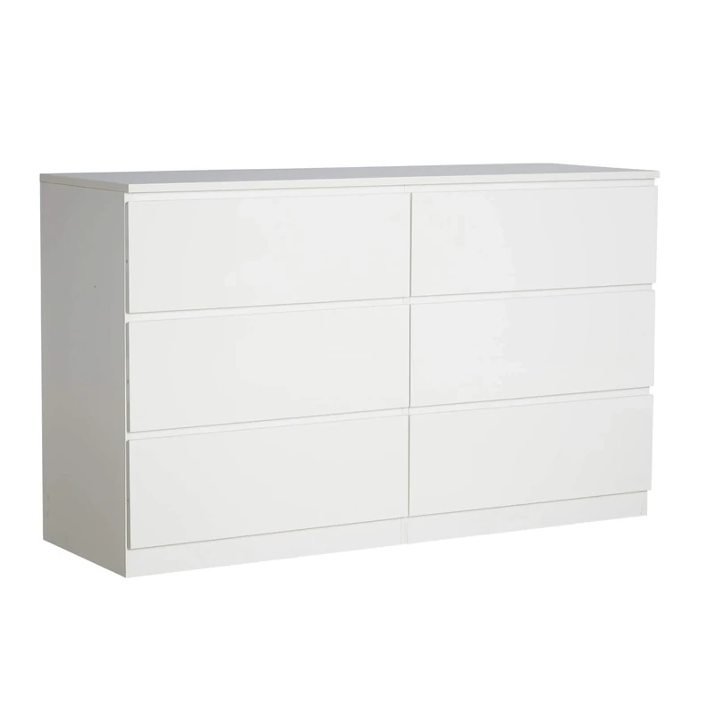 Home Source Large 3+3 Chest of Drawers, High Gloss Front Compact Bedroom Cabinet, Spacious Wide Dresser Storage, 6 Drawer, White