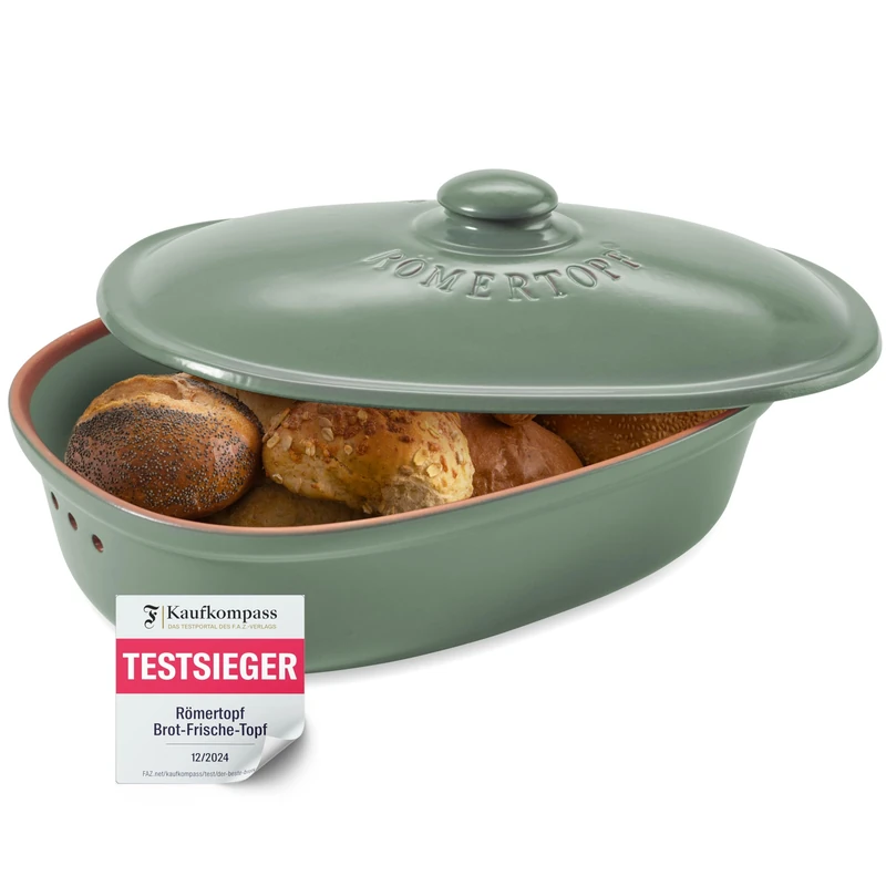 Romertopf Maxi Oval Bread Pot 6.5 Litres – Green Ceramic Bread Bin – Breathable Clay Pot for Long-Lasting Freshness of Bread and Rolls