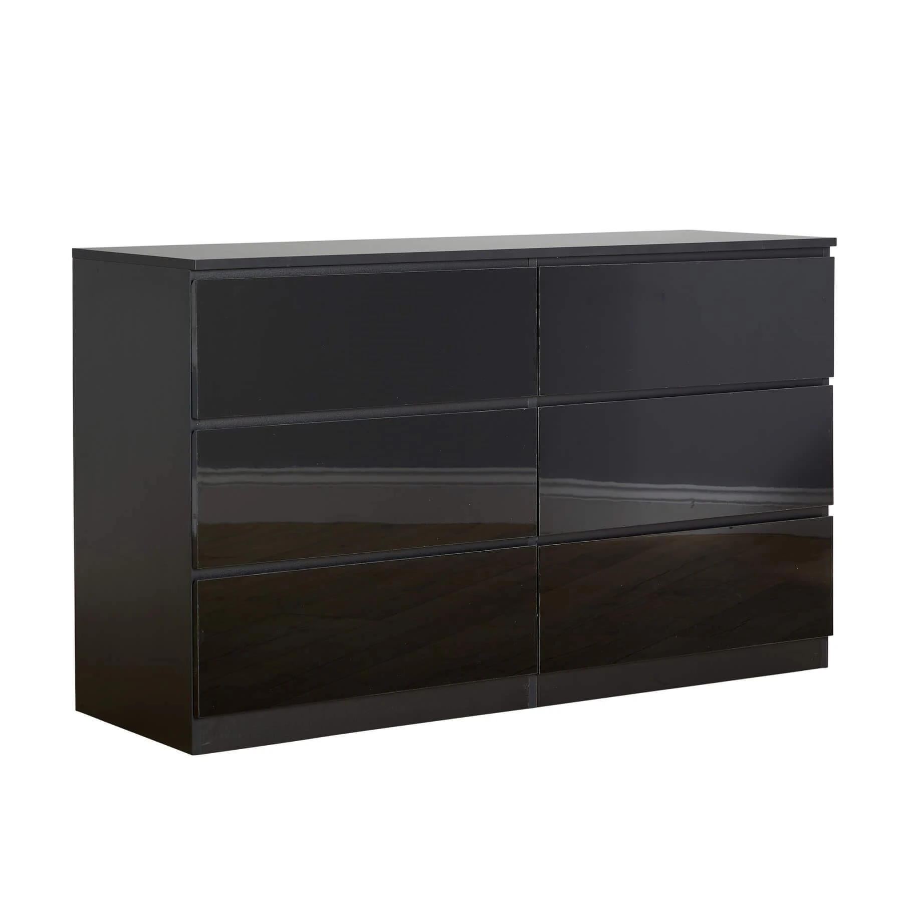Home Source Large 3+3 Chest of Drawers, High Gloss Front Compact Bedroom Cabinet, Spacious Wide Dresser Storage, 6 Drawer, Black
