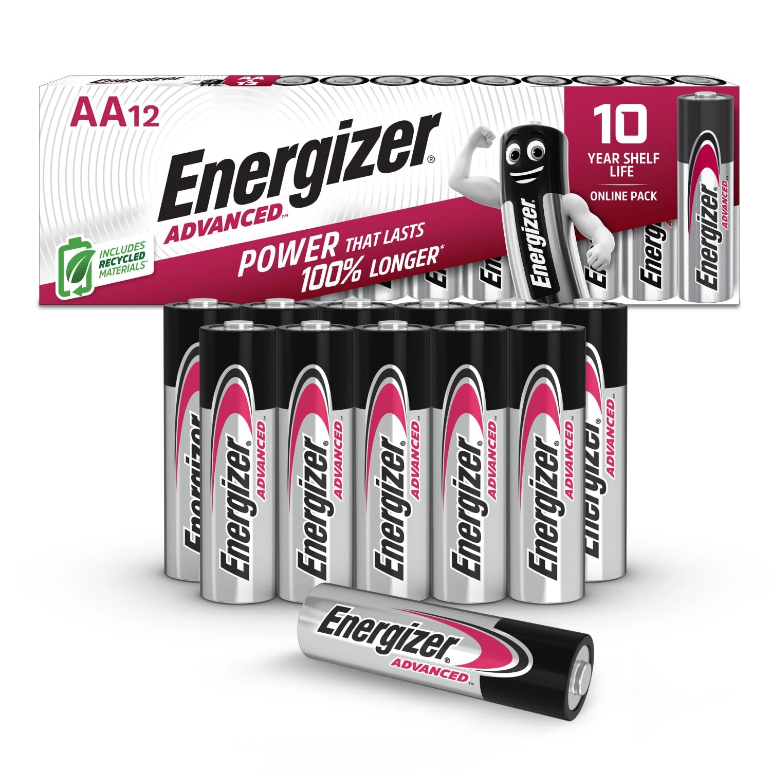 Energizer Advanced - AA Batteries (12 Pack) - Double A Battery 1.5V - Up To 100% Longer Lasting - Ideal for High-Drain Devices - 0% Plastic Packaging - 10 Year Shelf Life [Amazon Exclusive]