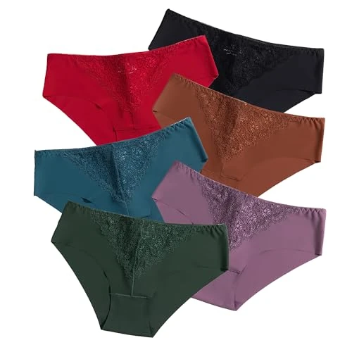 6 Pack Women's Underwear - Panties for Women Women's V-Front Lace Trim Underwear Sexy Comfortable Soft Briefs, 6pack( Black/Burgundy/Curry Brown/Blue/Dark Purple/Dark Green), Large