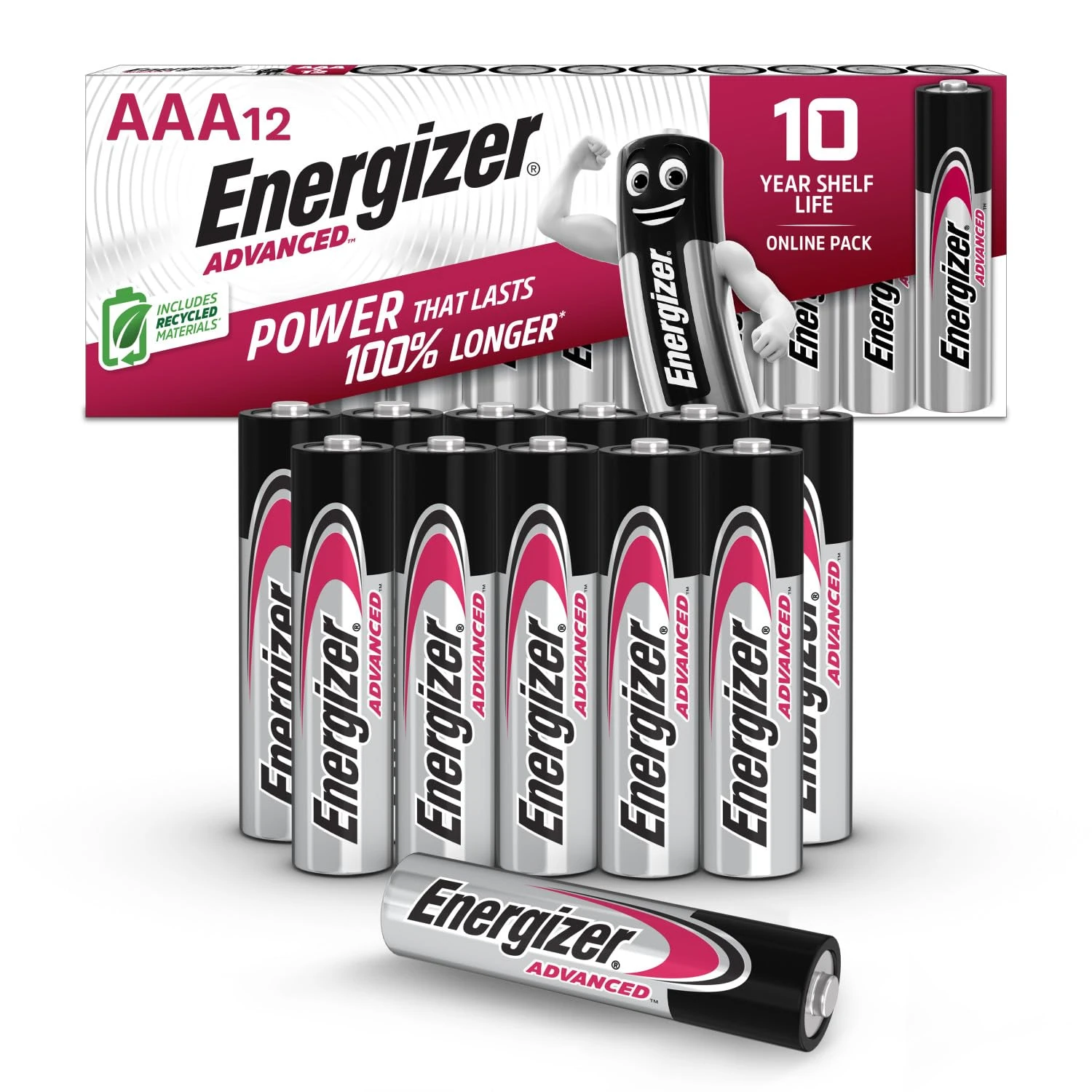 Energizer Advanced - AAA Batteries (12 Pack) - Triple A Battery 1.5V - Up To 100% Longer Lasting - Ideal for High-Drain Devices - 0% Plastic Packaging - 10 Year Shelf Life [Amazon Exclusive]