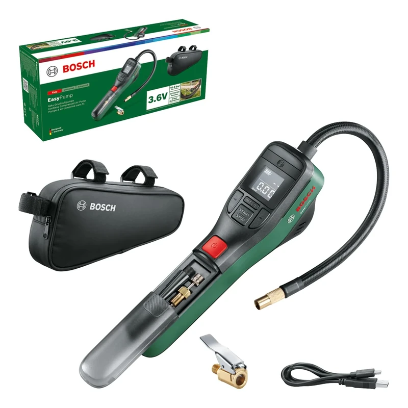 Bosch Electric Bike Pump/Air Pump/Mini Compressor EasyPump (3.0 Ah battery; 3.6 Volt; Autostop function; 150 PSI; 10.3 bar; LED; recharge via USB-C cable, 3x Adapter; Quick Connect Plug, Bicycle Bag)