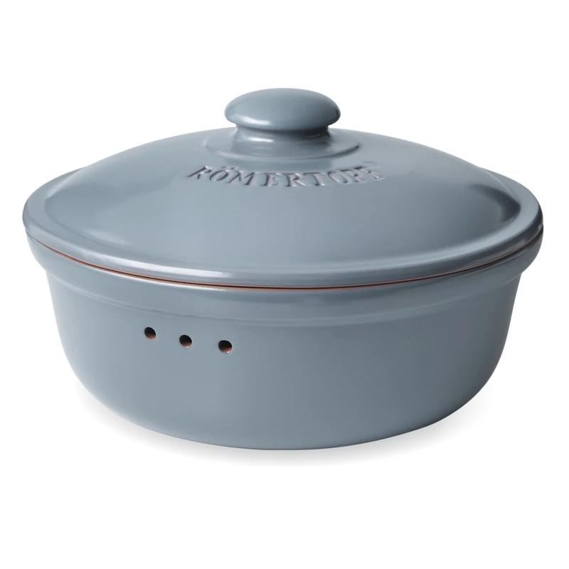 Romertopf Bread Pot Round Diameter 30 cm – Bread Bin Blue/Grey Ceramic – Breathable Clay Pot for Long-Lasting Freshness of Bread and Rolls - Image 1