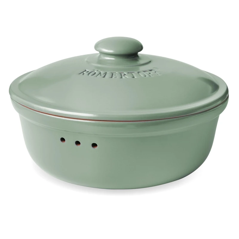 Romertopf Bread Pot Round Diameter 30 cm – Green Ceramic Bread Bin – Breathable Clay Pot for Long-Lasting Freshness of Bread and Rolls