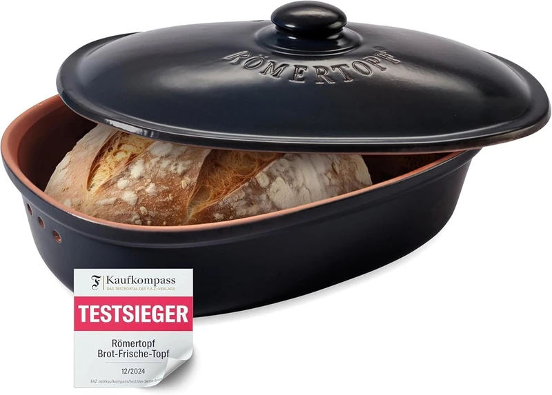Romertopf Medi Oval Bread Pot 2.3 Litres – Black Ceramic Bread Bin – Breathable Clay Pot for Long-Lasting Freshness of Bread and Rolls