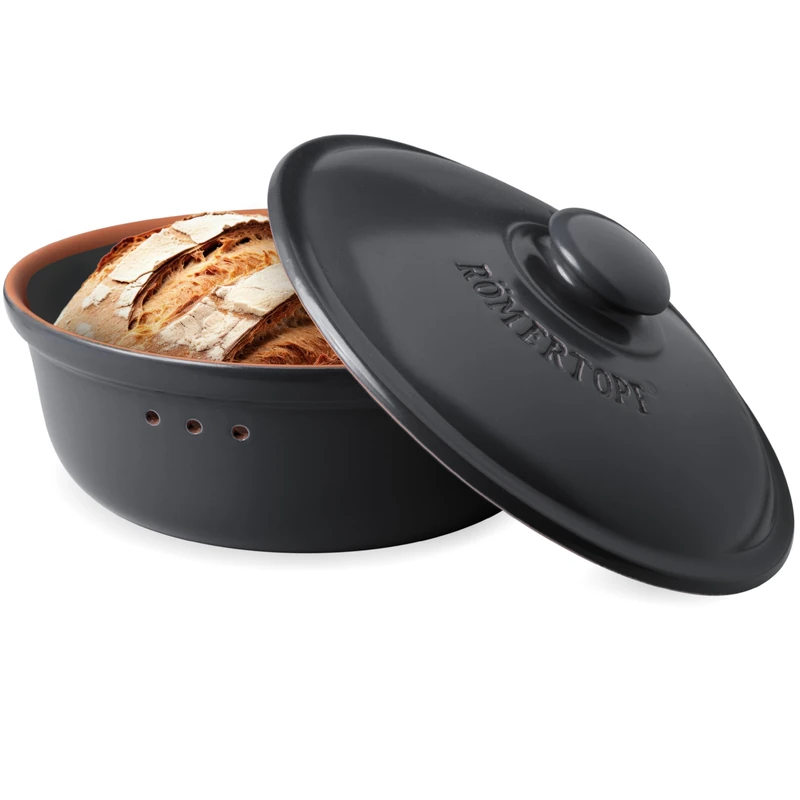 Romertopf Bread Bin - Round, 30 cm Diameter, Black Ceramic, 4.5 L Capacity, Breathable Clay for Long-Lasting Freshness