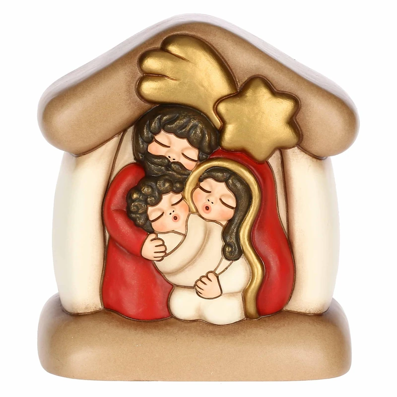 THUN - Mini Nativity Scene with Cabin and Holy Family Ceramic 11.7 x 9 cm, Height 13 cm, Classic Collection