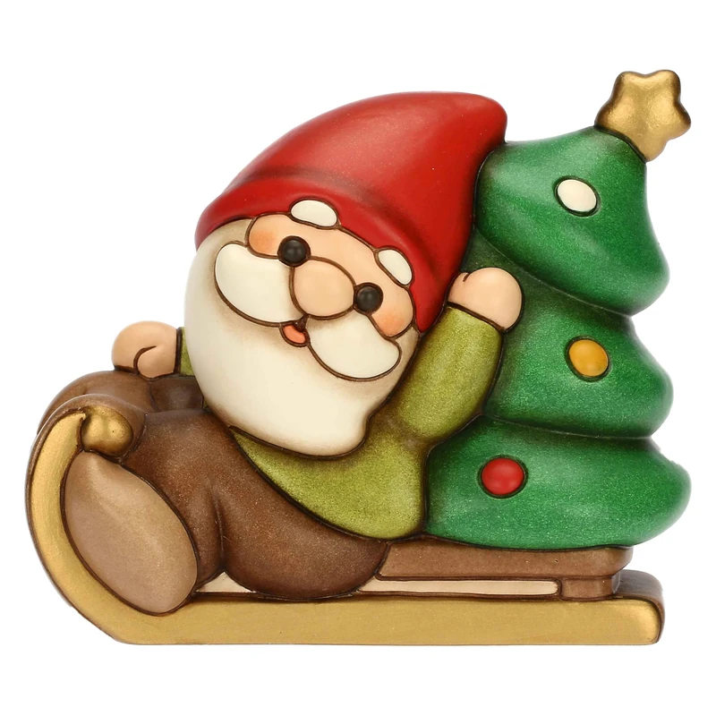 THUN, Oliver Gnome on Sleigh Ceramic Tree Christmas Collection Collectible Figures Idea 13.7 x 10.5 x 18.8 cm