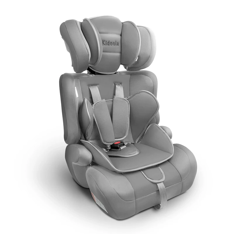 Kidoola Adjustable Car Seat for Toddlers & Children - Safety Certified Booster Seat, Padded & Comfortable with 3 Adjustable Age Functions & Straps, Up to 12 Years - ECE R44/04 (Grey & Black) (Grey)