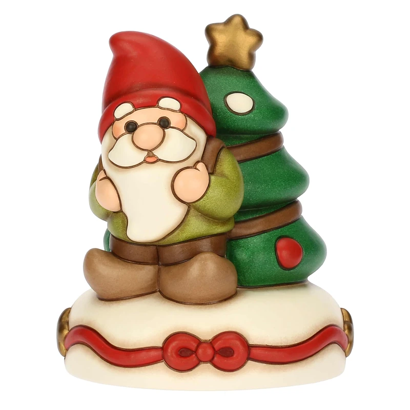 THUN - Oliver gnome music box with Christmas tree in ceramic, medium, 11.8 x 12.3 cm, height 14.5 cm