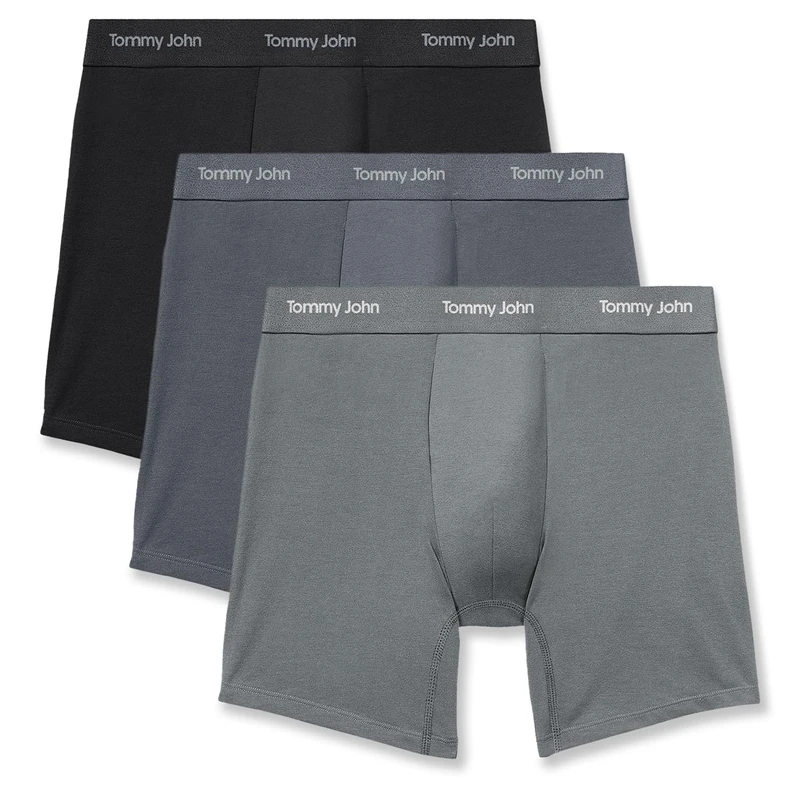 Tommy John Men's Luxe Modal 6" Boxer Brief Underwear 3-Pack, Black/Turbulence/Monument, M