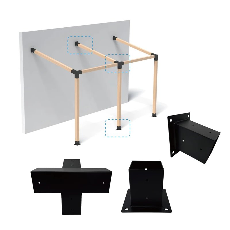 MEWSDEN Pergola Bracket Kit 4x4, Including Wall Bases, 4-Way 105° & Pitched Roof Mounting Kit, Black Carbon Steel, Garden Style