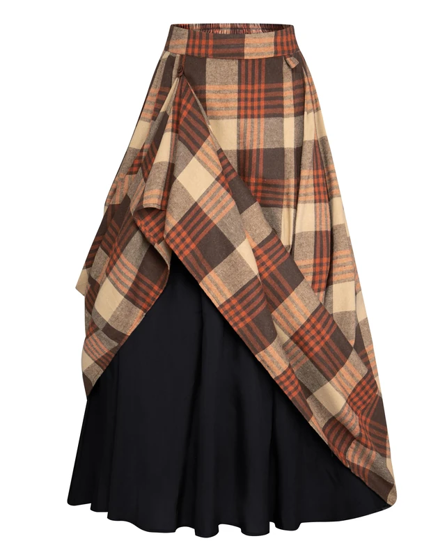 Scarlet Darkness Plaid Skirts for Women High Waist Long Skirt with Pockets, Orange Coffee, XL