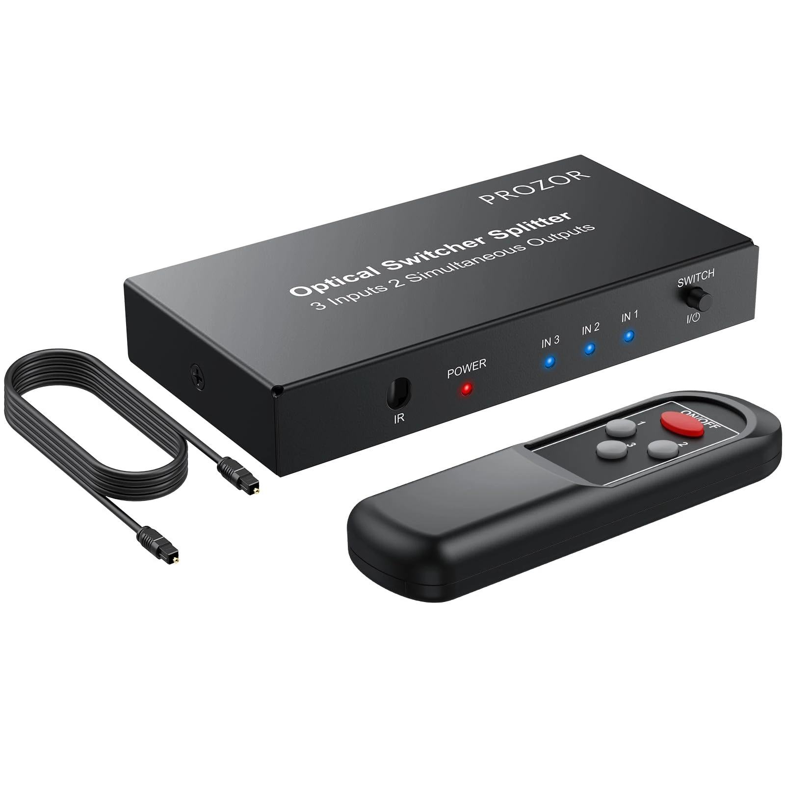 PROZOR 3 In 2 Out Optical Splitter - 3 Port SPDIF Toslink Switch with IR Remote Control Aluminum Alloy Material Support LPCM2.0/DTS/Dolby-AC3 with 1m/3.2ft Optical Cable for Blue-Ray DVD HDTV