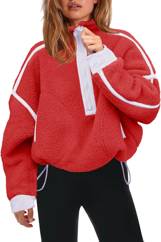 Panadila Womens Half Zip Sherpa Fleece Pullover Soft Oversized Sweatshirt with Pockets Warm Fuzzy Sweater, Red, Large