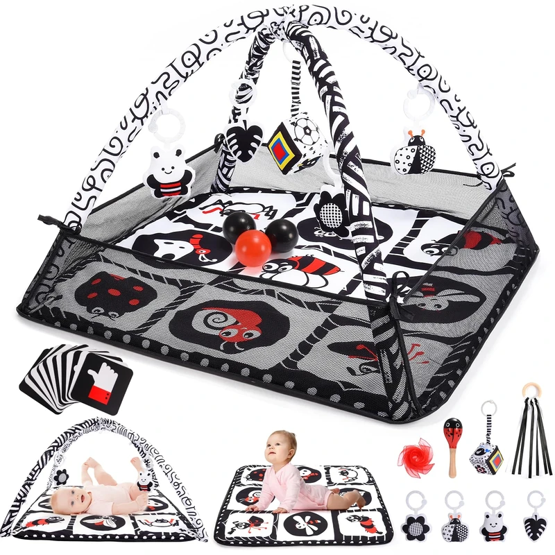 Baby Play Mat, 10 in 1 Baby Play Gym Mat 0-6 6-12 Months, Baby Toys with 8+ Sensory Toys Balls Visual Cards for Tummy Time, Newborn Baby Toddlers Toys Gift