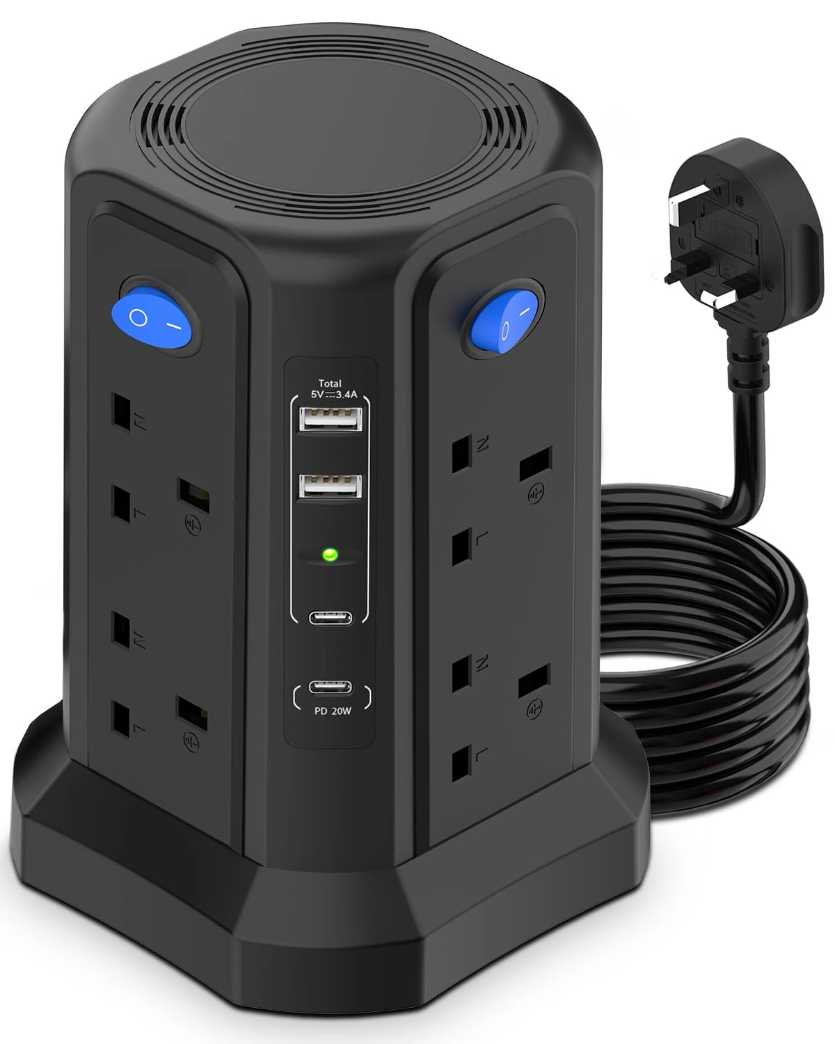 Tower Extension Lead, PD20W Fast Charger with USB Slots 3M, [13A 3250W] 2 USB-A and 2 USB-C, 8 Way Outlets, Surge Protection, 4 Independent Switches, Suitable for Bedrooms, Kitchens, Offices