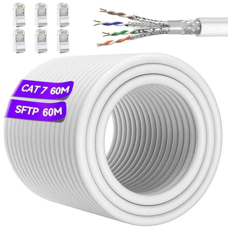 Soibke Cat7 Ethernet Cable 60m White - High Speed 10Gbps Shielded RJ45