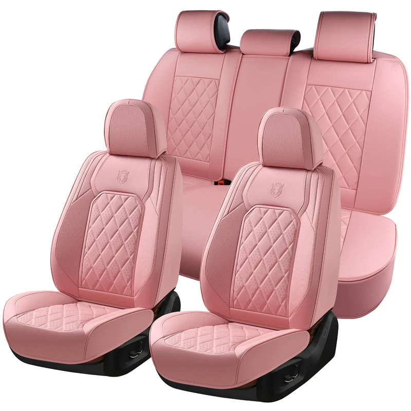 Coverado Pink Leather Car Seat Covers Full Set Universal Waterproof Luxury Front Rear Seat Protector Fits Most Cars (Pink)